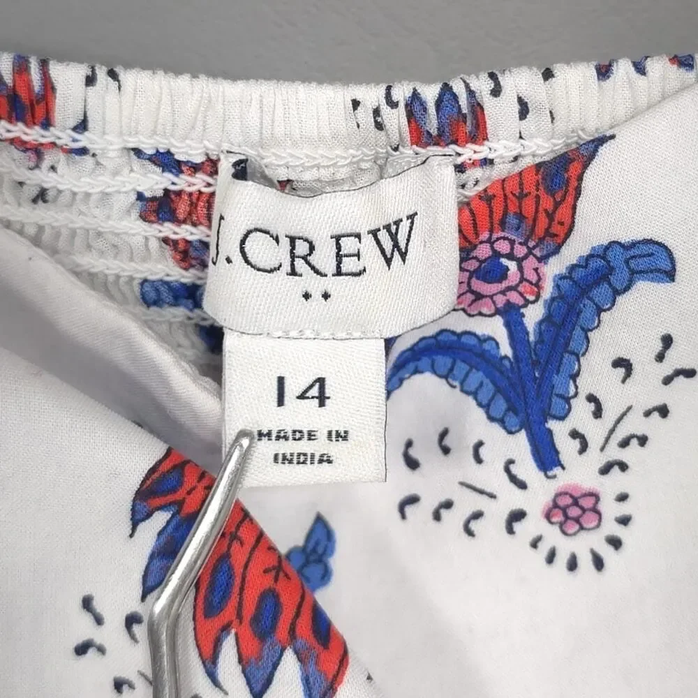 J.CREW‎ Midi Dress Size 14 White Floral Ruffle Sleeve Smocked Cotton Red Blue